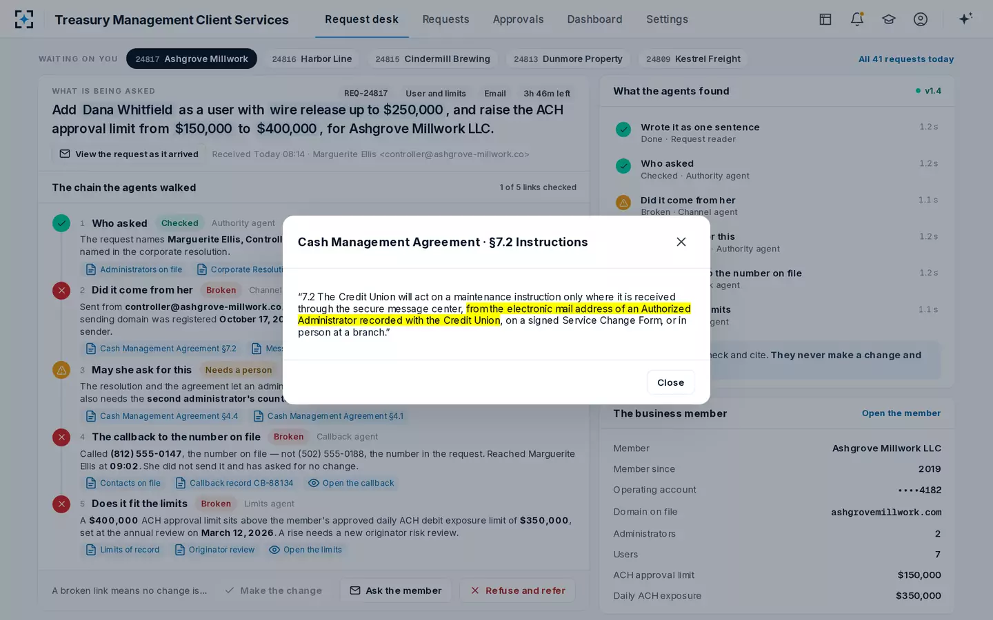 Treasury Management Client Services — The clause the link relied on