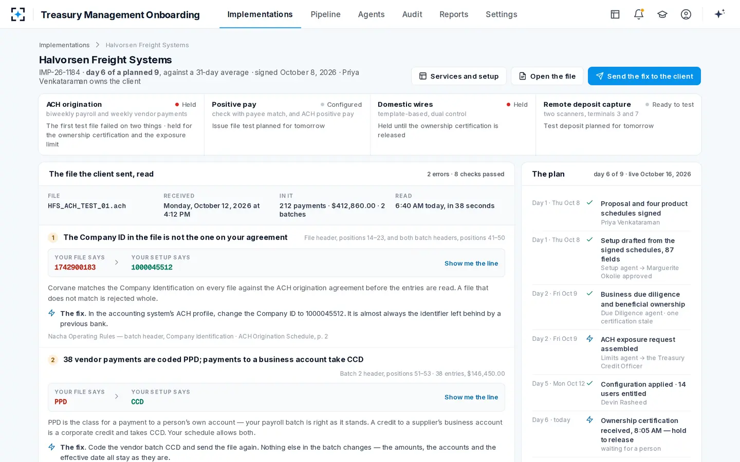 Treasury Management Onboarding — One client's implementation, organized around the file that stalls go-live
