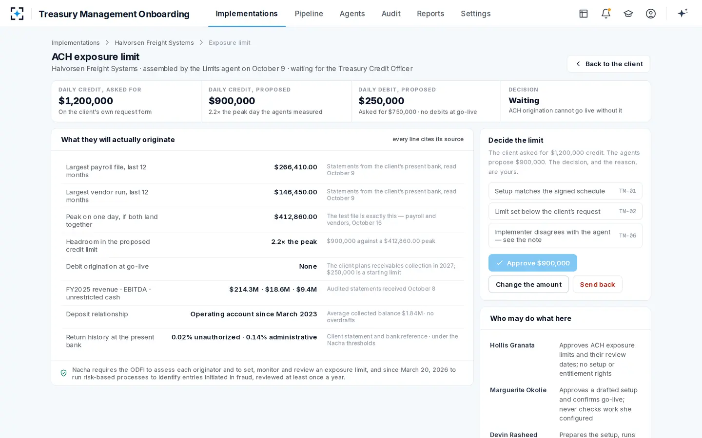Treasury Management Onboarding — The exposure limit, decided on what the client will actually originate