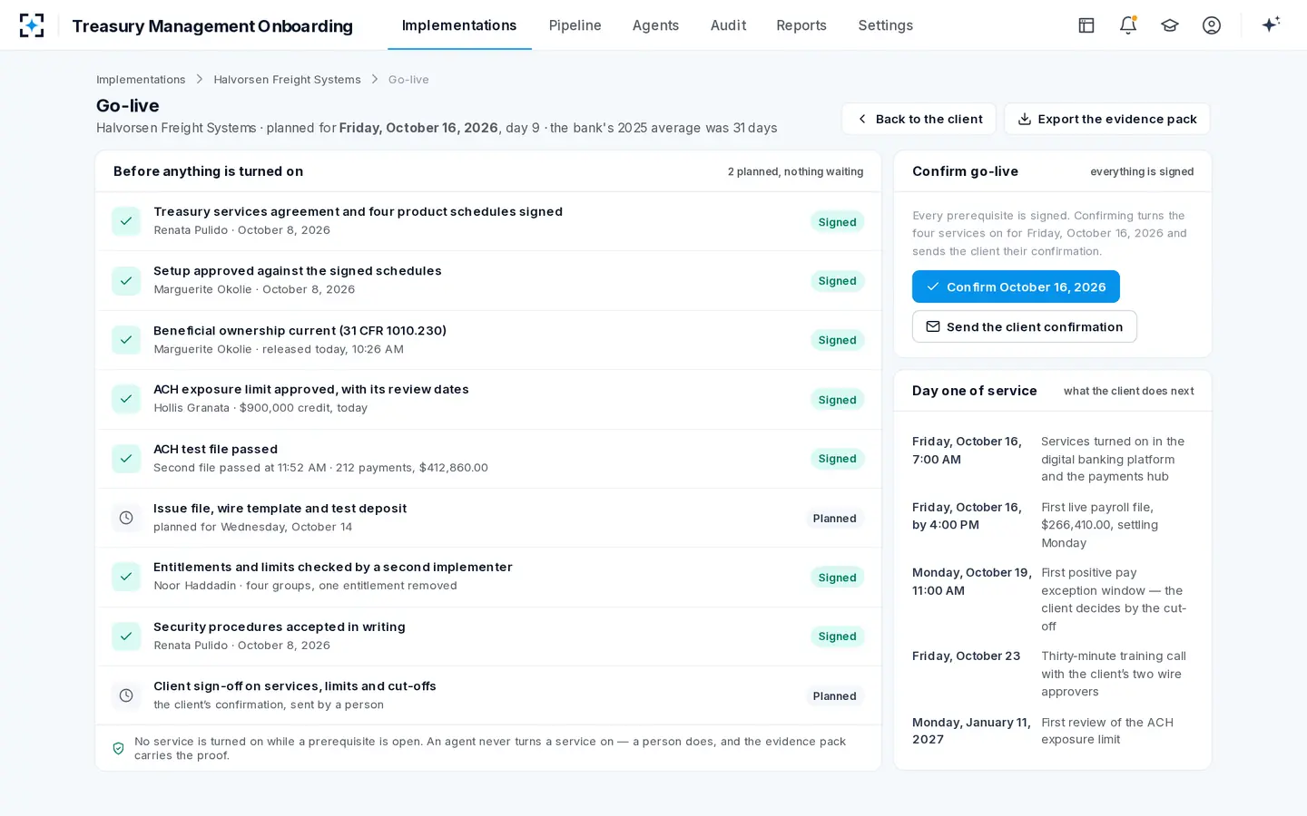 Treasury Management Onboarding — Nothing is turned on while a prerequisite is open