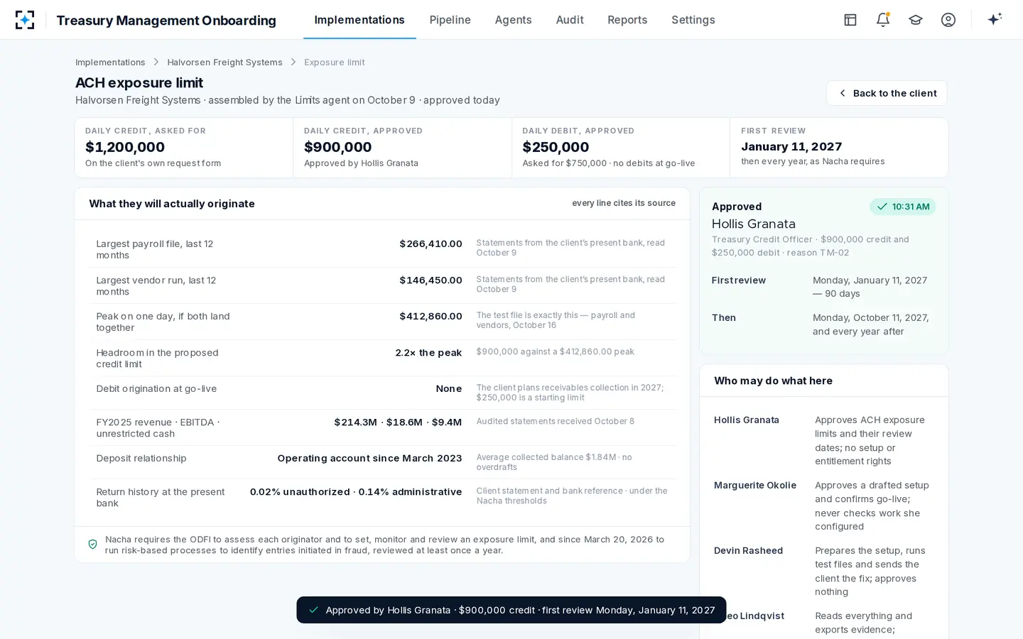 Treasury Management Onboarding — Approved by a named person, with the review dates set at the same time