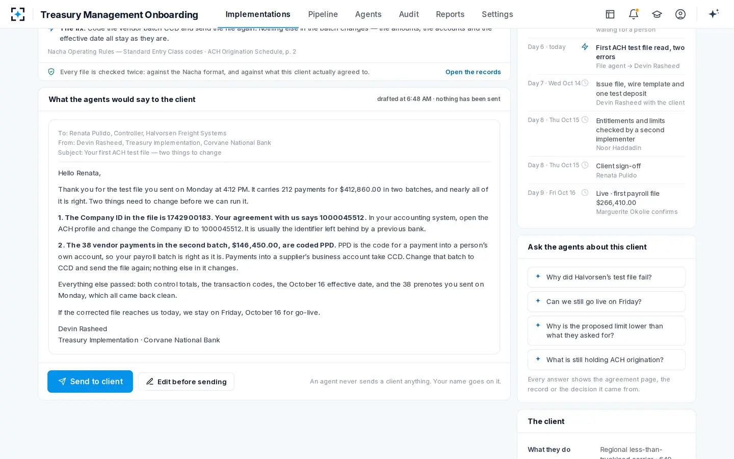 Treasury Management Onboarding — The fix, already written in the words the client's controller uses