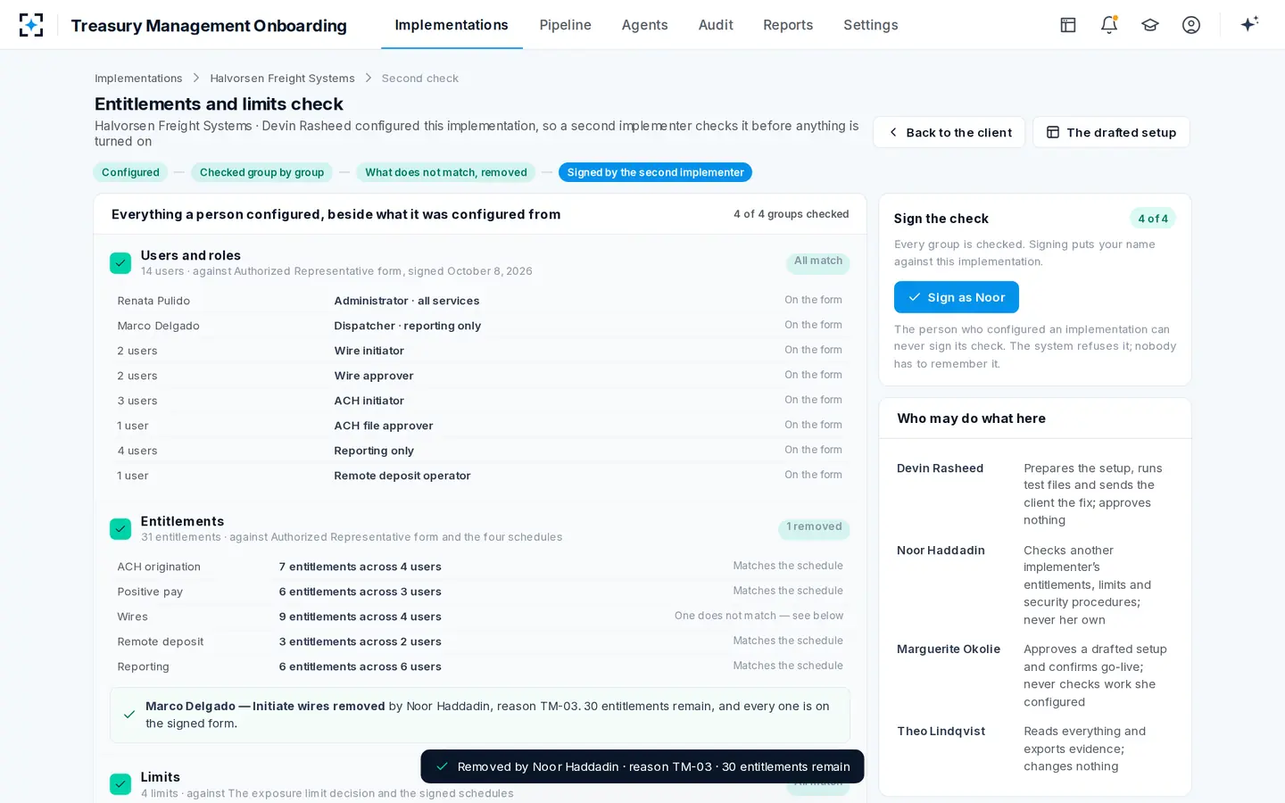 Treasury Management Onboarding — A second implementer checks every entitlement, limit and security procedure