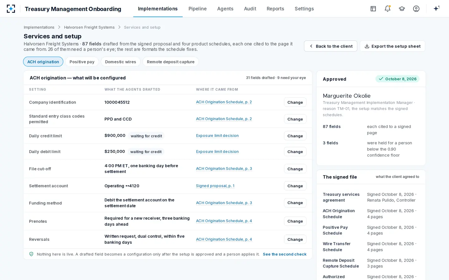 Treasury Management Onboarding — Every setup field drafted from the signed schedules, with the page it came from