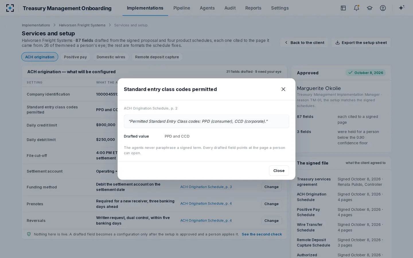 Treasury Management Onboarding — Click any drafted value and read the sentence the client signed