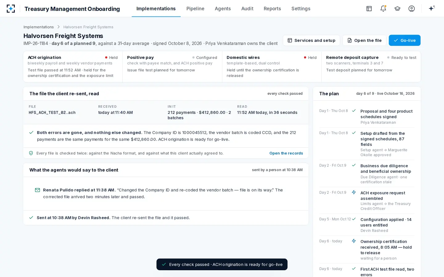 Treasury Management Onboarding — The corrected file comes back and passes in 36 seconds