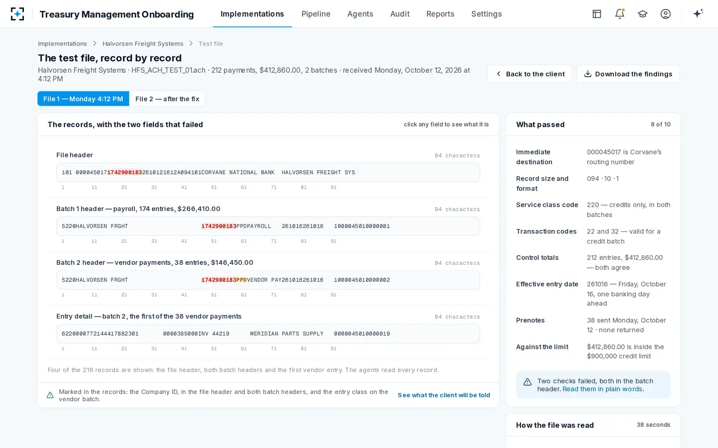 Treasury Management Onboarding — The client's file, record by record, with the two fields that failed