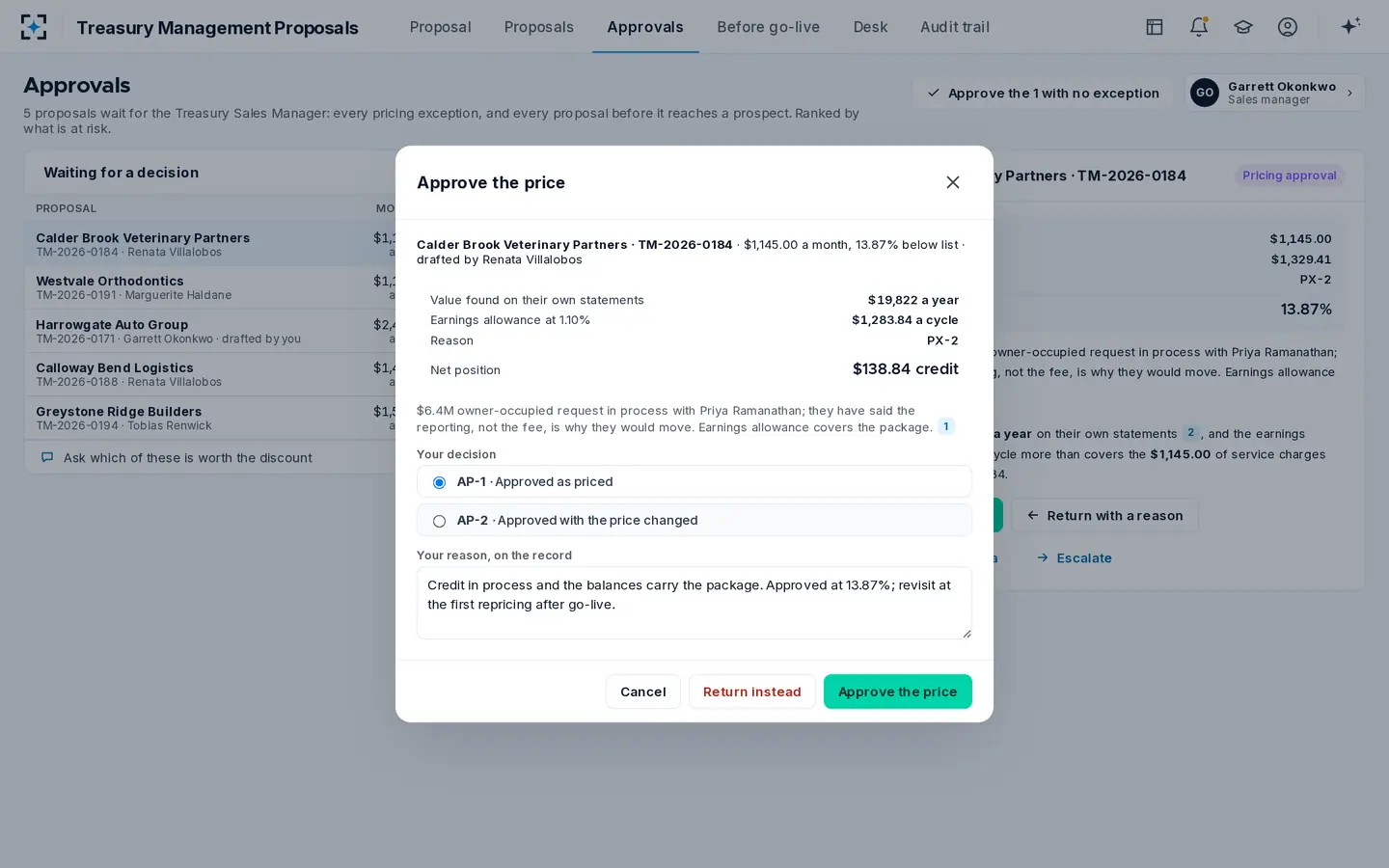 Treasury Management Proposals — A named person approves the price