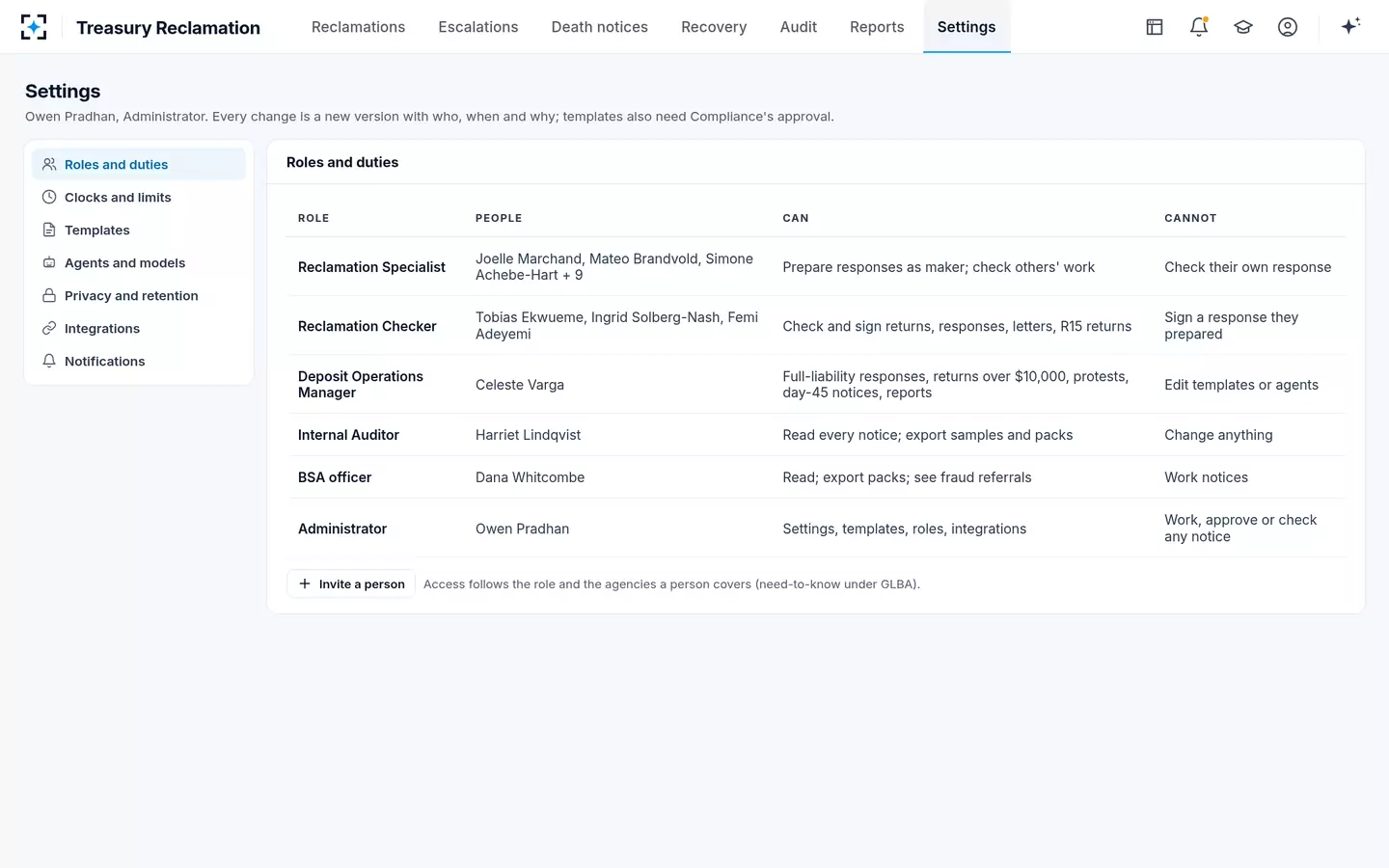 Treasury Reclamation — Roles and settings