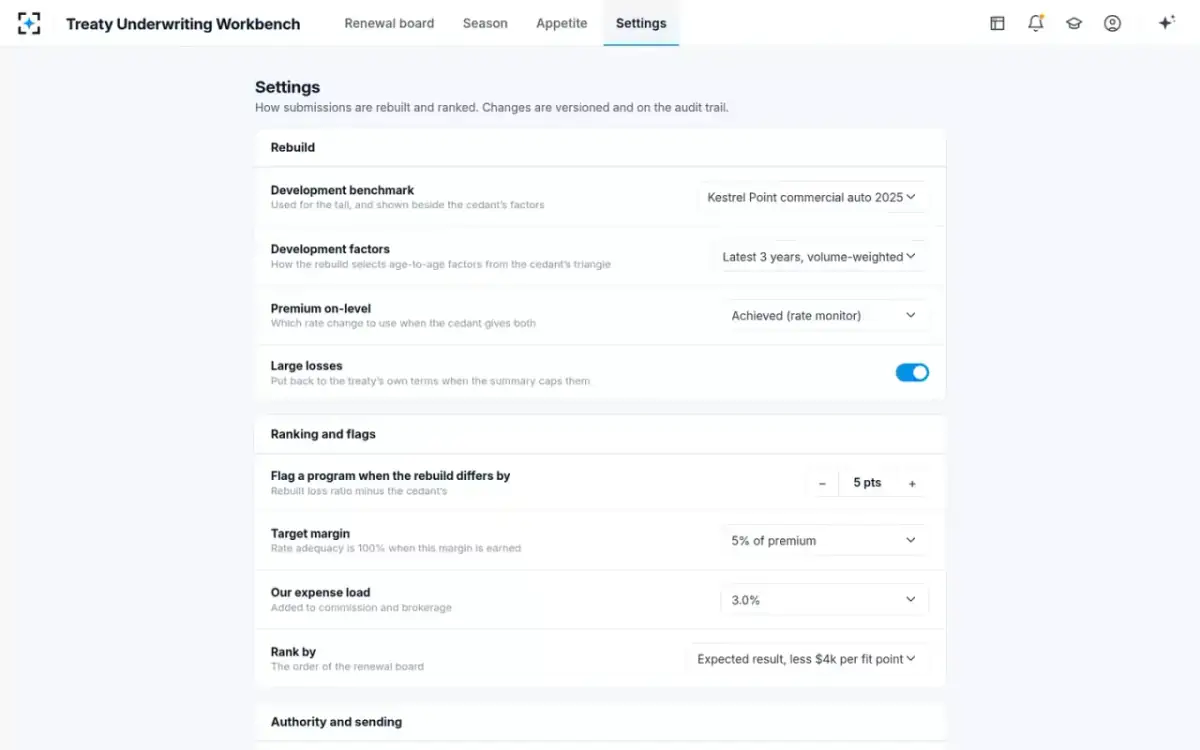 Treaty Underwriting Workbench — Settings