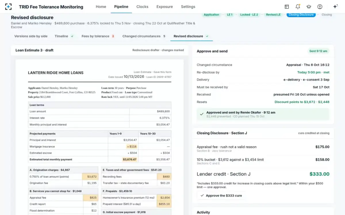 TRID Fee Tolerance Monitoring — Approved and sent