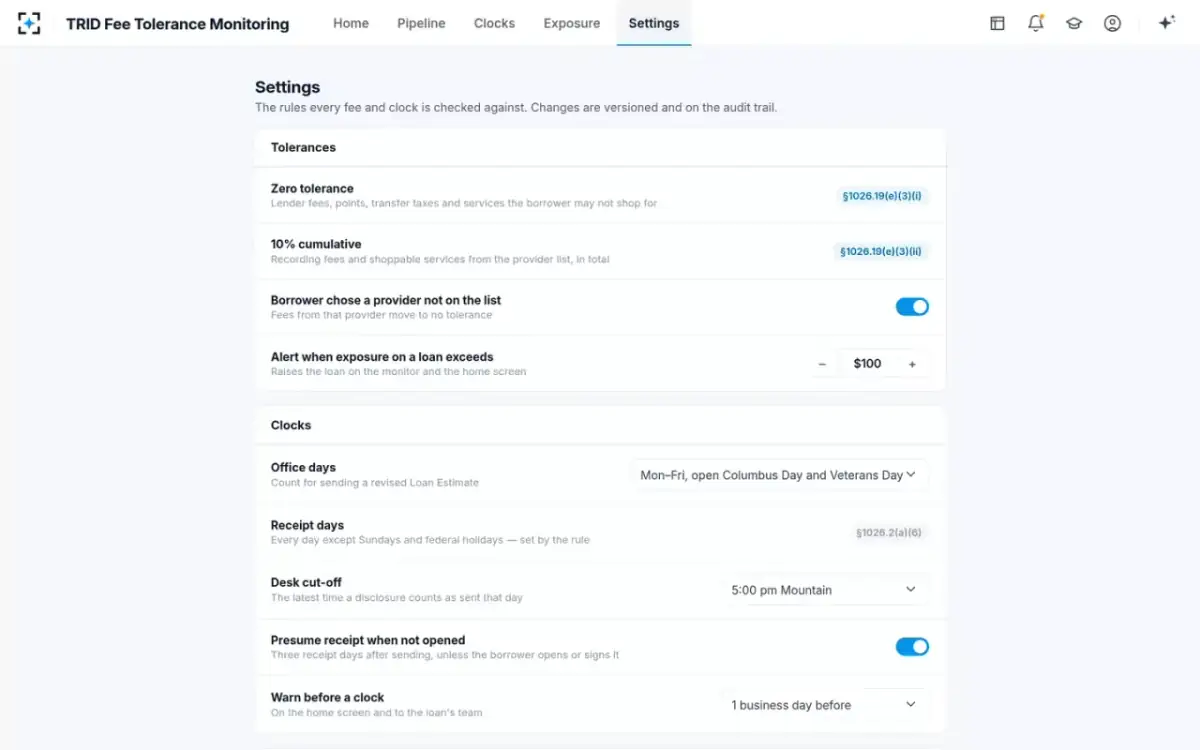 TRID Fee Tolerance Monitoring — Your rules