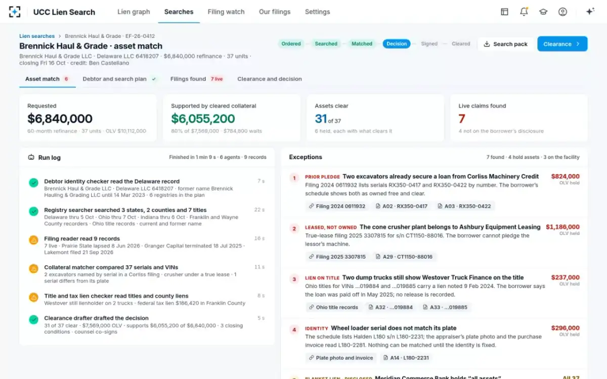 UCC Lien Search — Asset match and exceptions