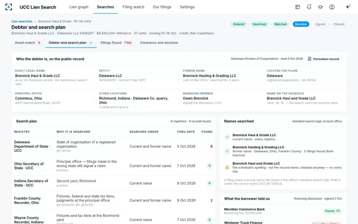 UCC Lien Search — Debtor and search plan