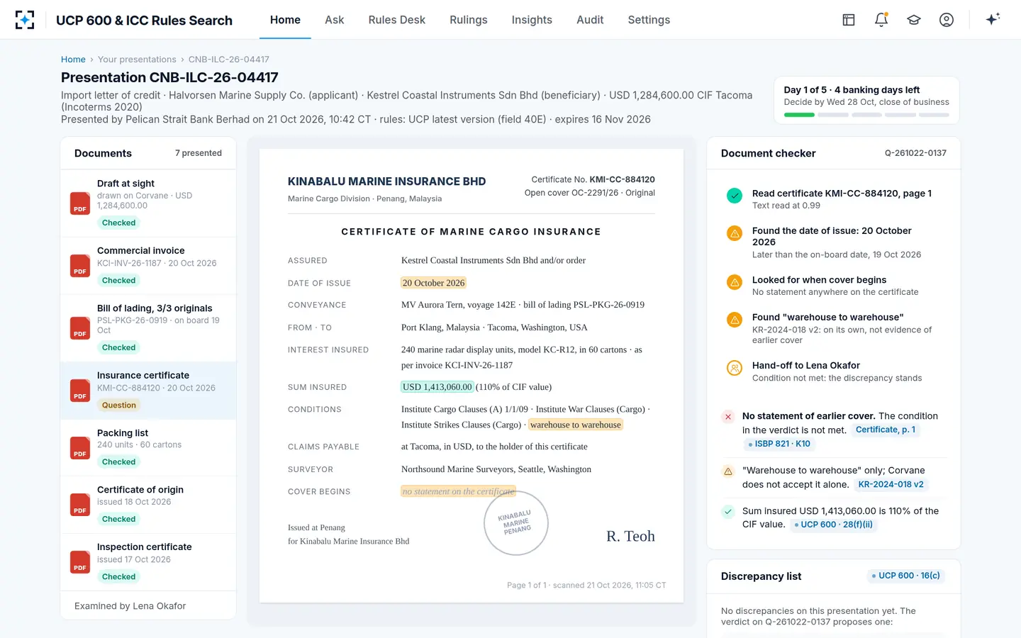 UCP 600 & ICC Rules Search — The deciding condition, checked on the insurance certificate