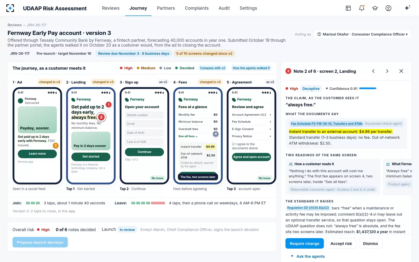 UDAAP Risk Assessment — "Always free", two screens before a $4.99 fee