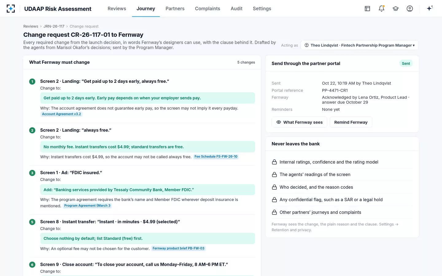 UDAAP Risk Assessment — The required changes, sent to the fintech partner in plain words
