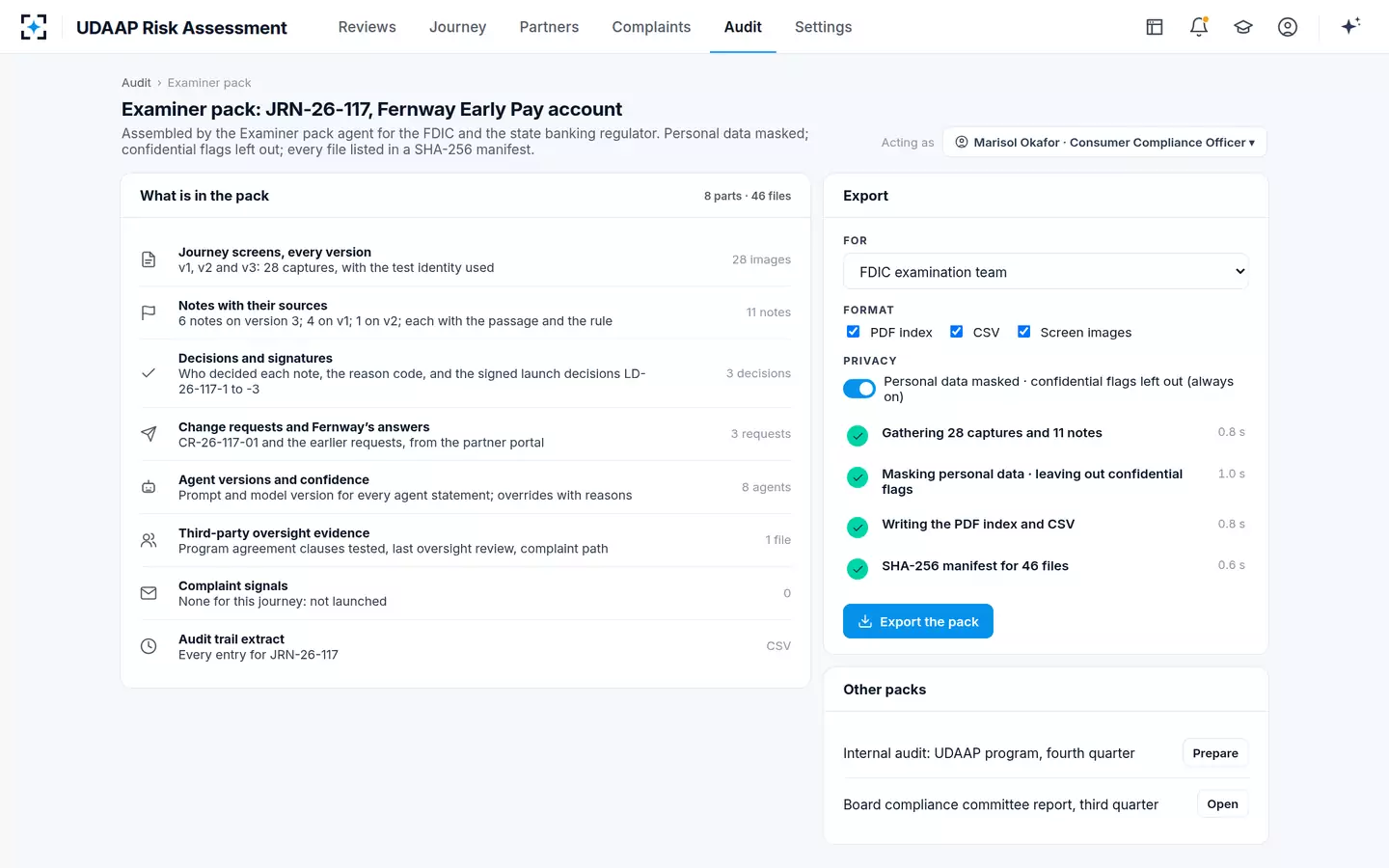 UDAAP Risk Assessment — An examiner pack for the FDIC and the state regulator, in one export