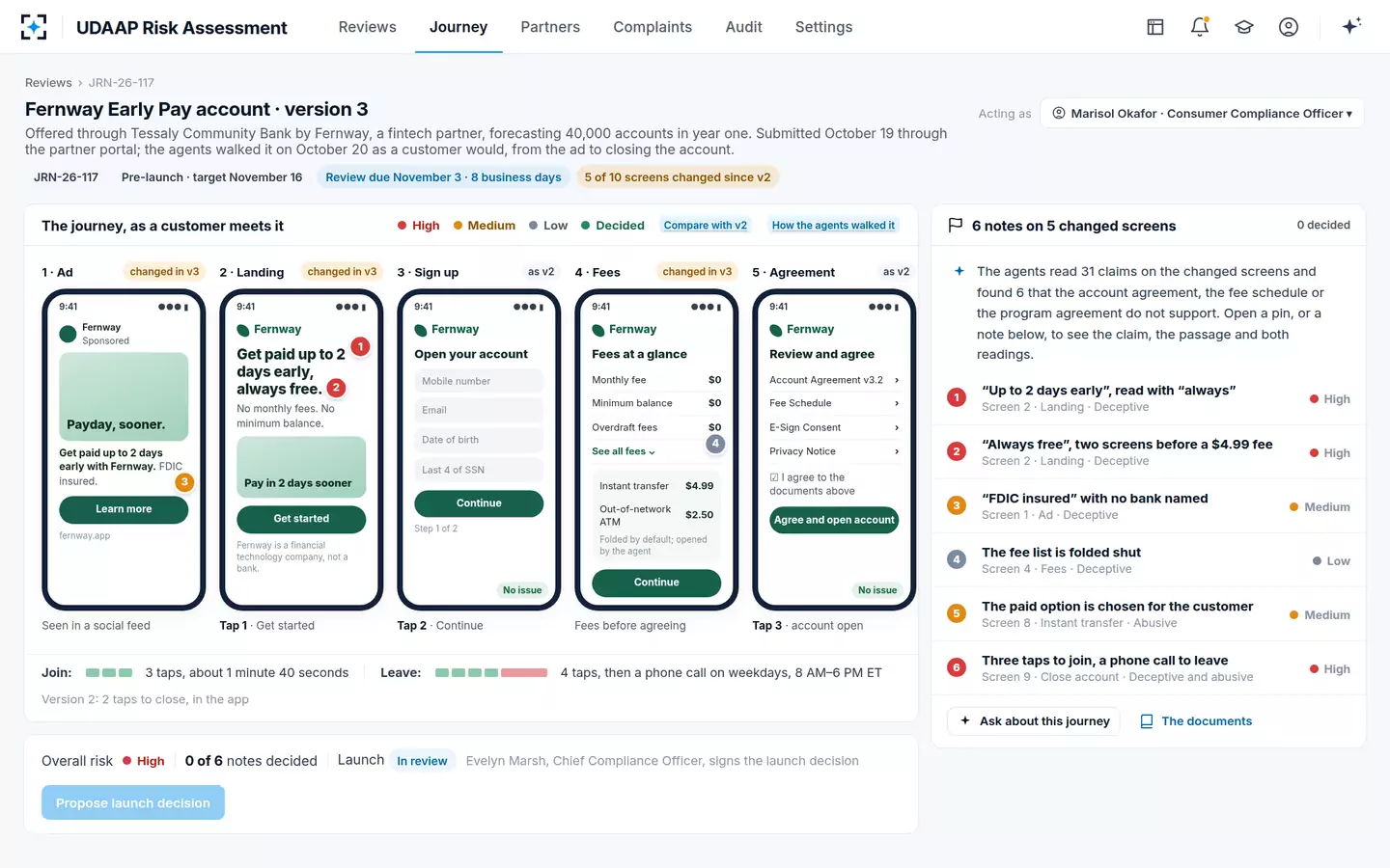 UDAAP Risk Assessment — The journey as a filmstrip, each UDAAP risk pinned where the customer meets it
