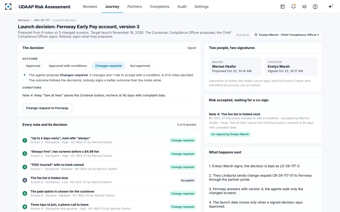 UDAAP Risk Assessment — One person proposes the launch decision, another signs it