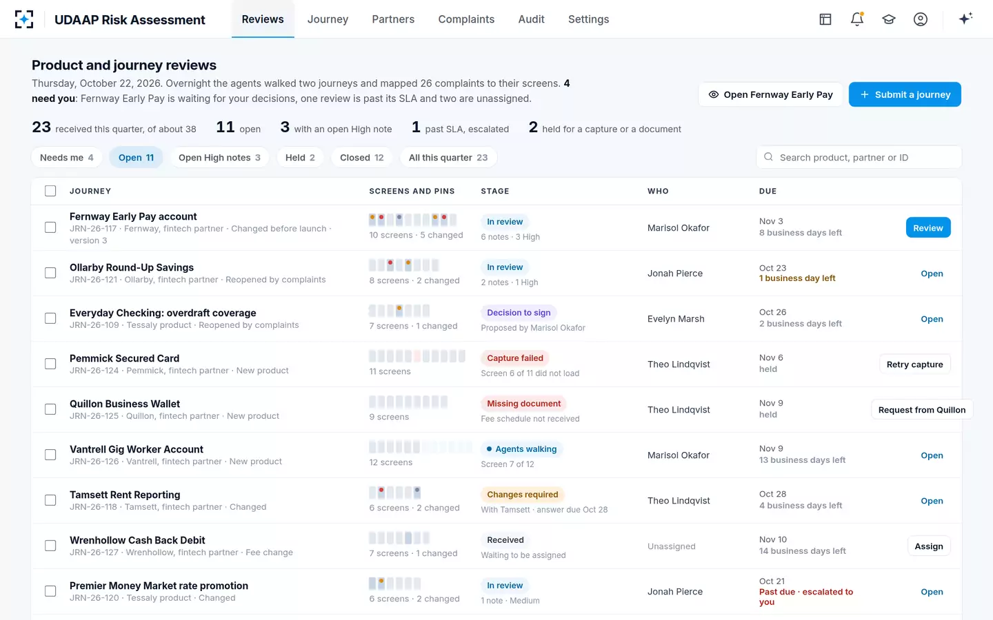 UDAAP Risk Assessment — The UDAAP review queue: every journey this quarter, with SLAs and held items