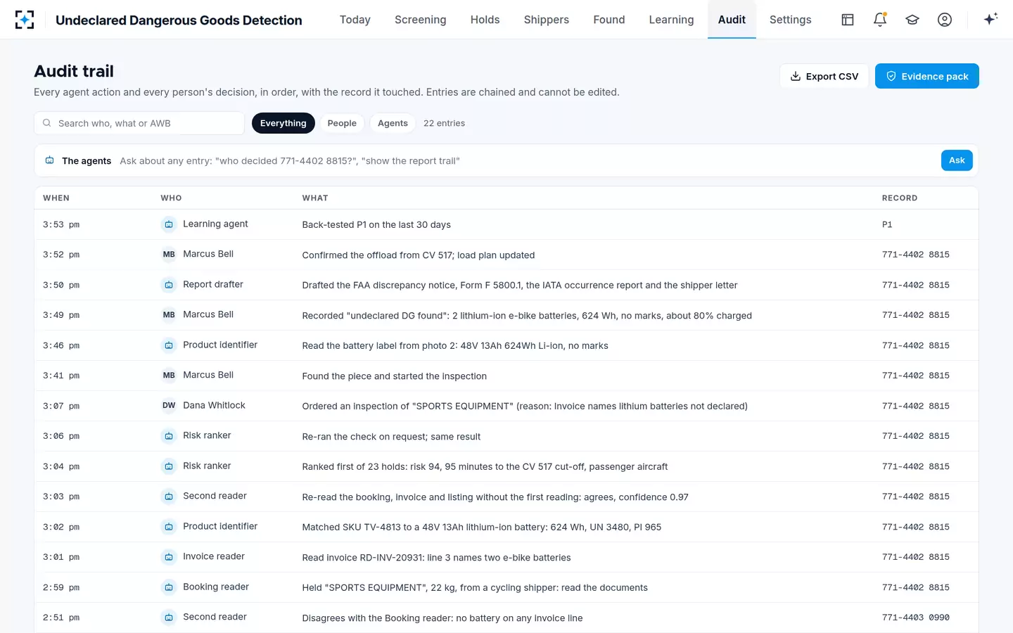 Undeclared Dangerous Goods Detection — Audit trail