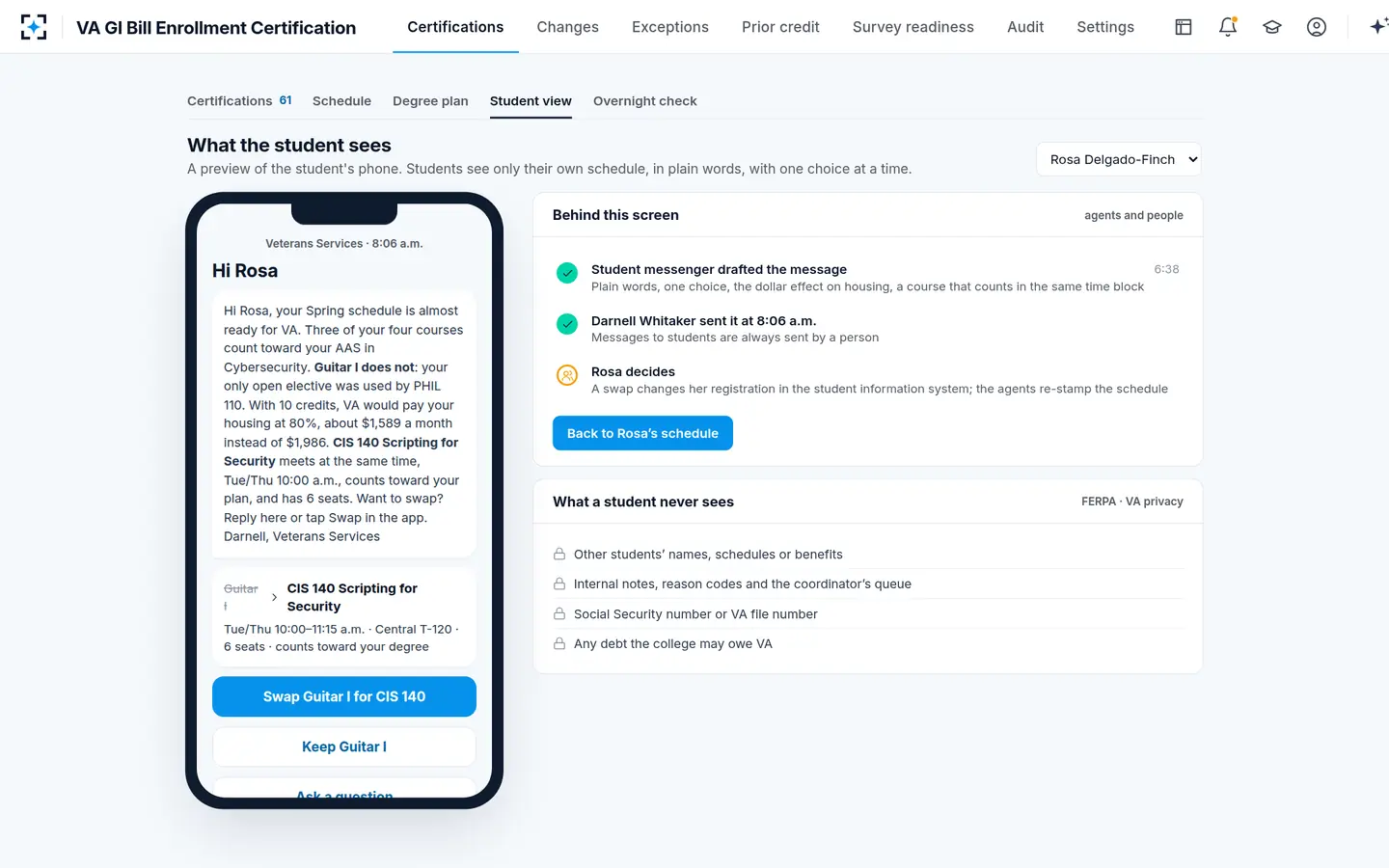VA GI Bill Enrollment Certification — The student's phone: a course that counts, at the same hour