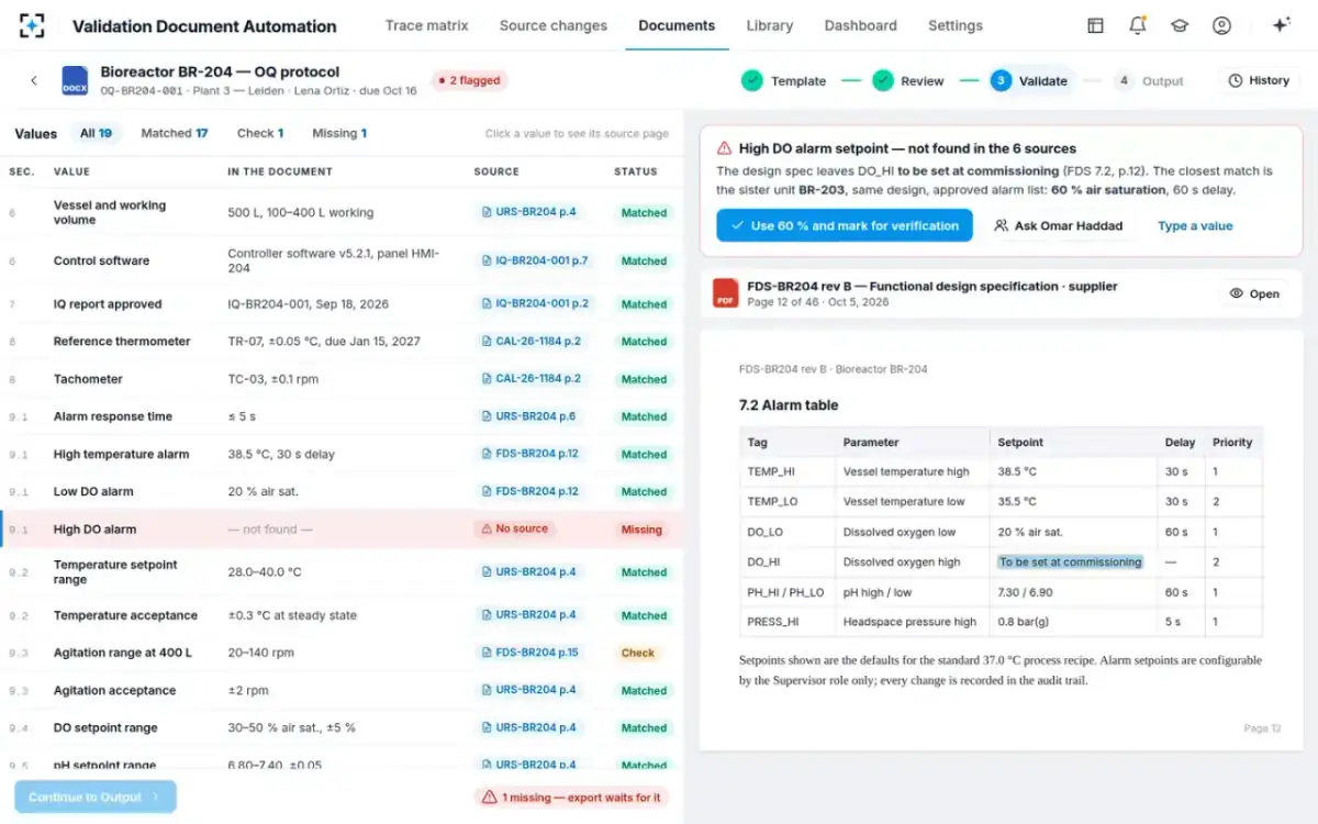 Validation Document Automation — Every value and its source