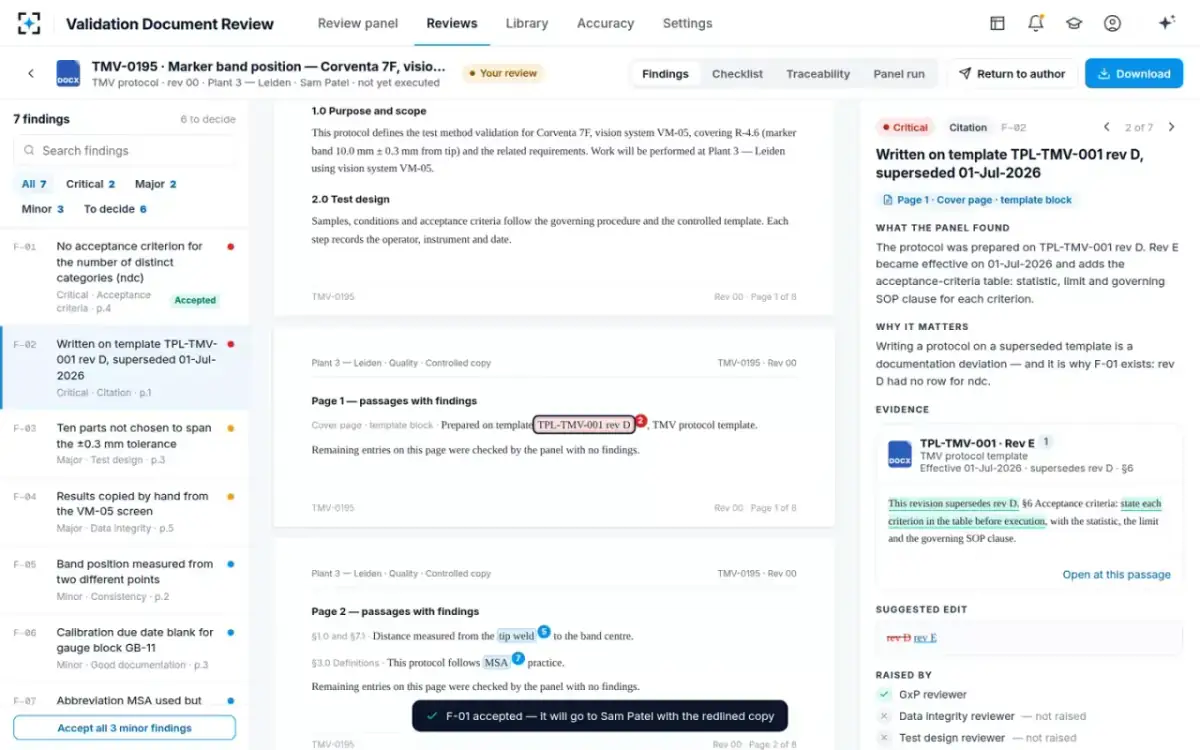 Validation Document Review — Decide each finding