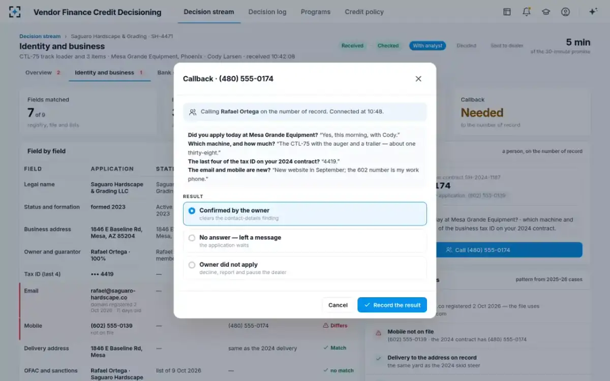Vendor Finance Credit Decisioning — Callback to the number of record