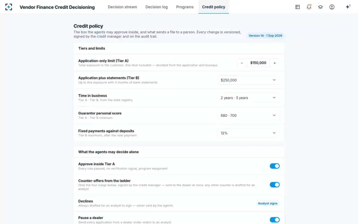 Vendor Finance Credit Decisioning — Credit policy