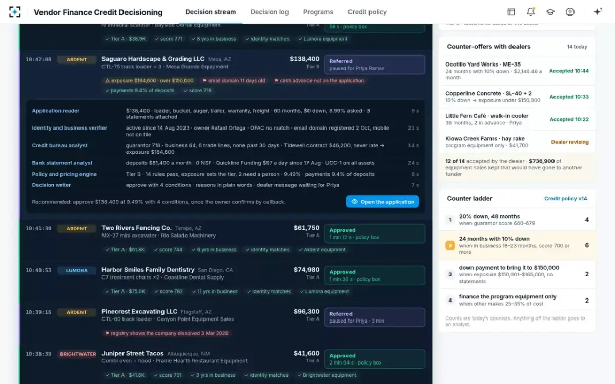 Vendor Finance Credit Decisioning — A referral, opened in place