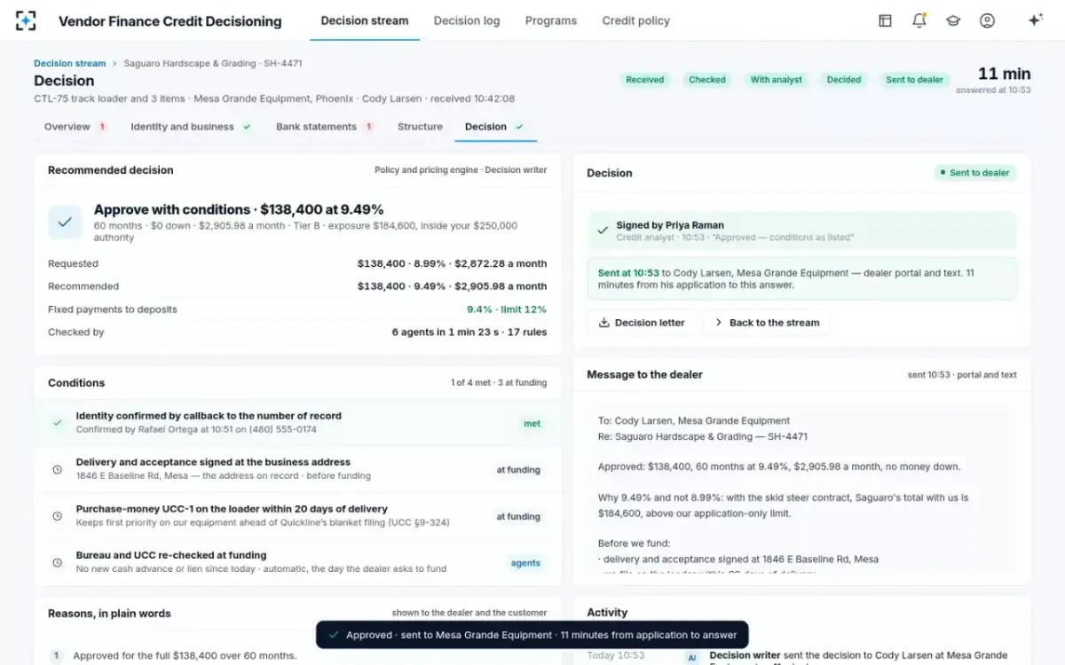 Vendor Finance Credit Decisioning — The decision, signed
