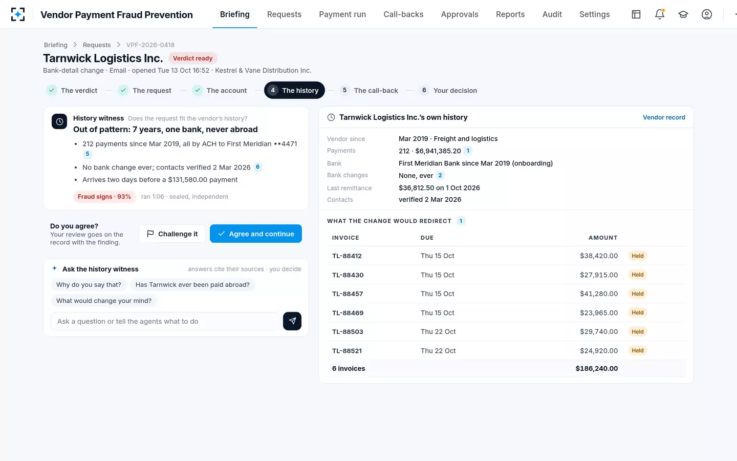 Vendor Payment Fraud Prevention — The vendor's own history