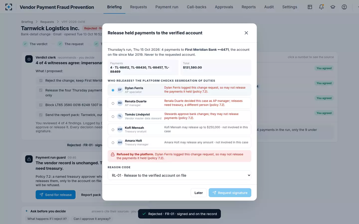 Vendor Payment Fraud Prevention — Release, with segregation of duties