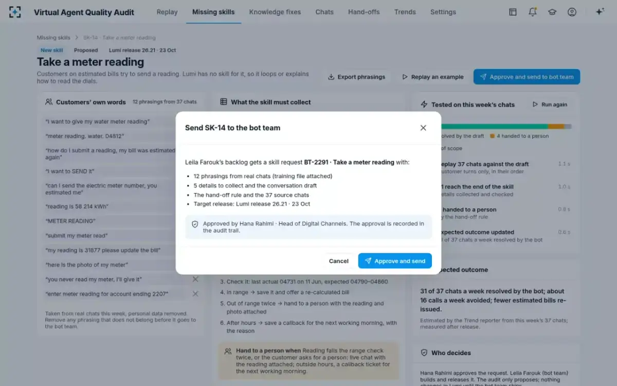 Virtual Agent Quality Audit — Approve and send