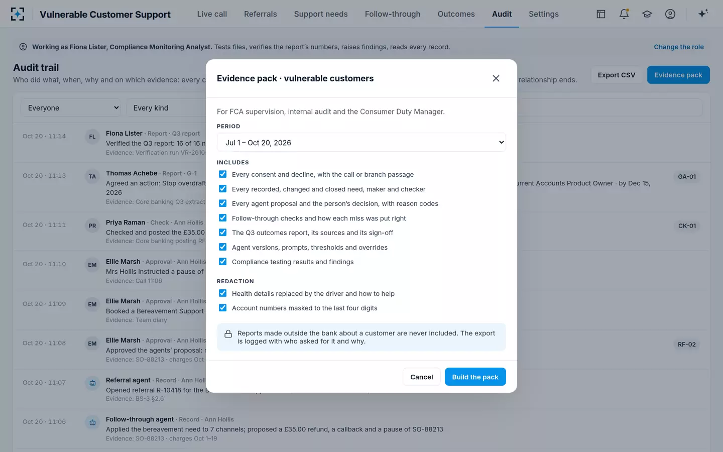 Vulnerable Customer Support — Audit trail and evidence pack
