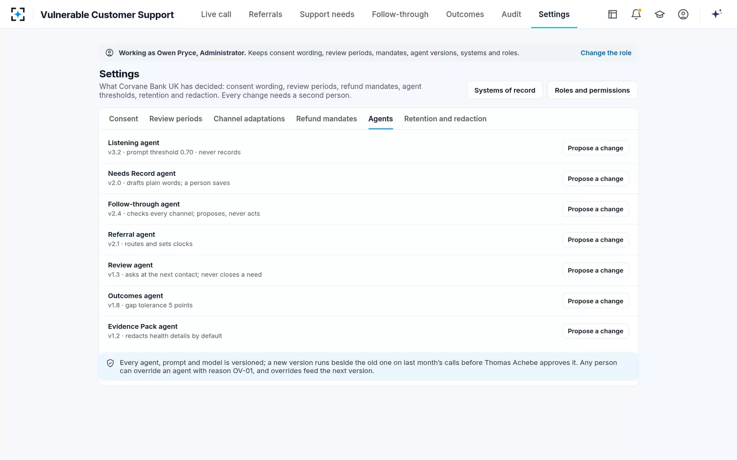 Vulnerable Customer Support — Settings and agents