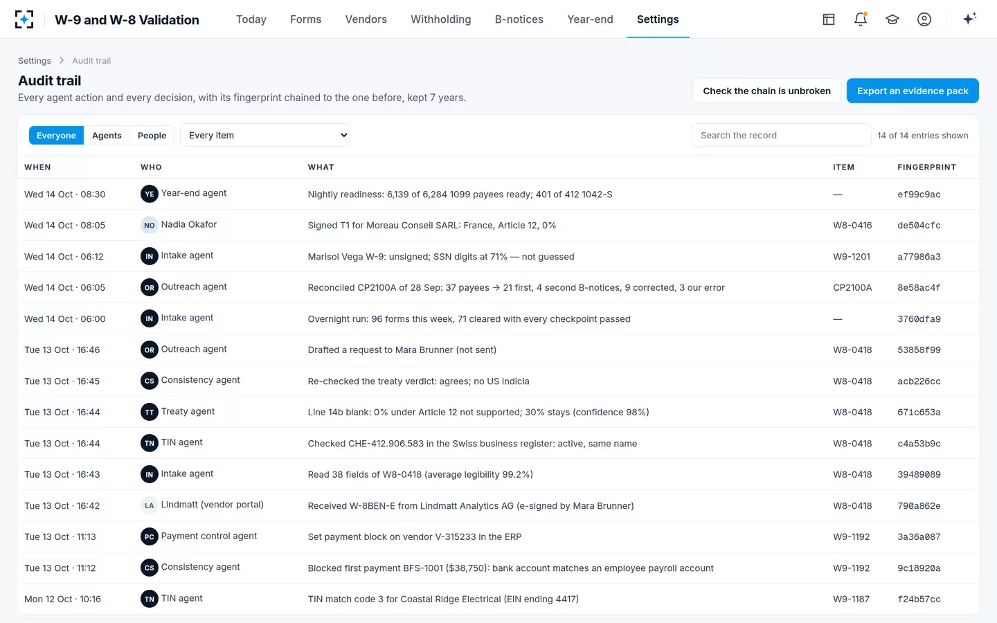 W-9 and W-8 Validation — Audit trail