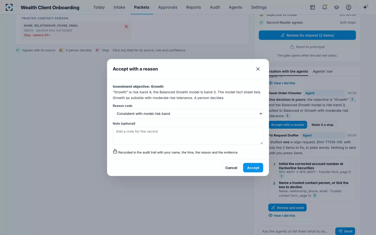 Wealth Client Onboarding — A person decides the amber