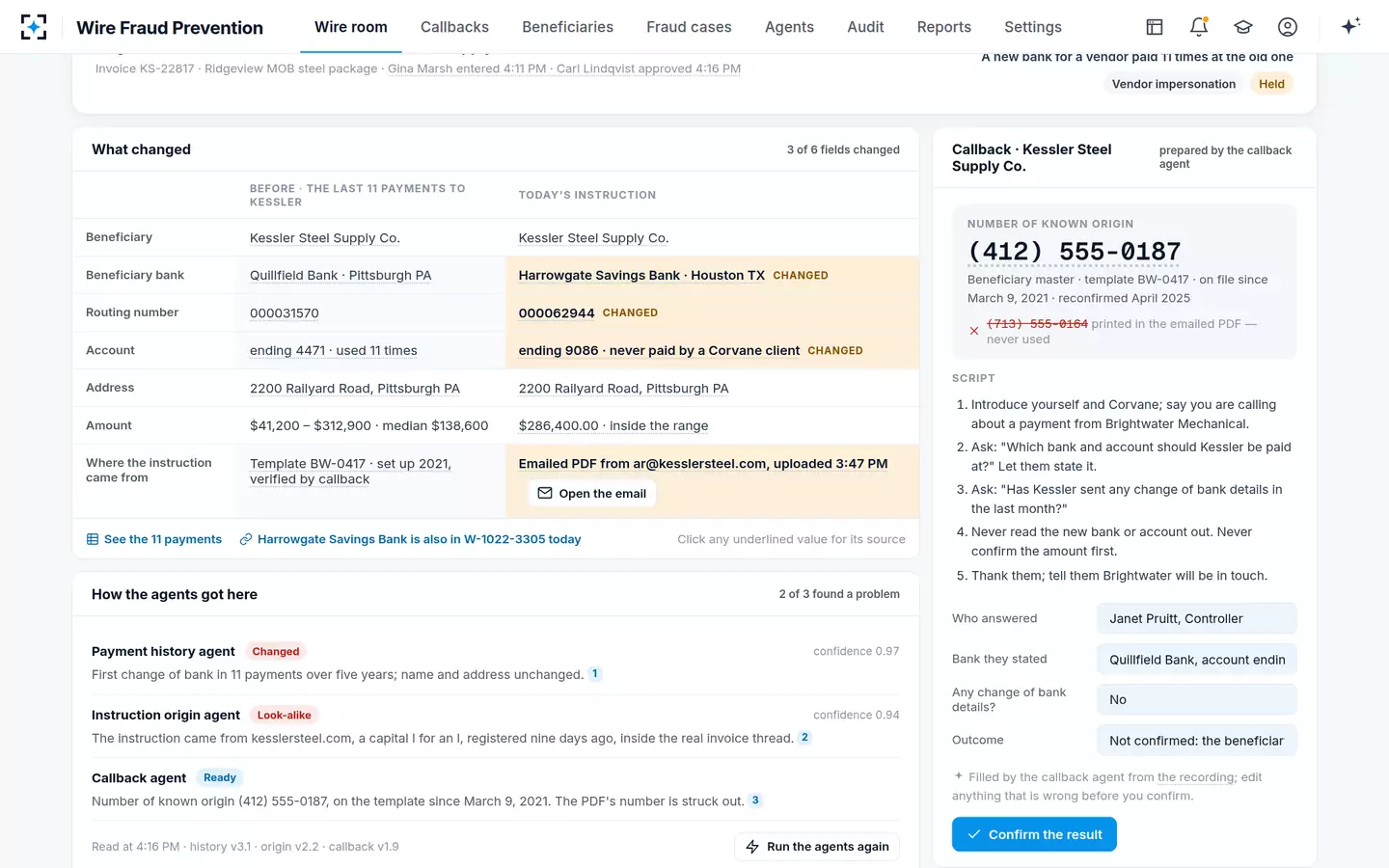 Wire Fraud Prevention — The call's result, filled from the recording