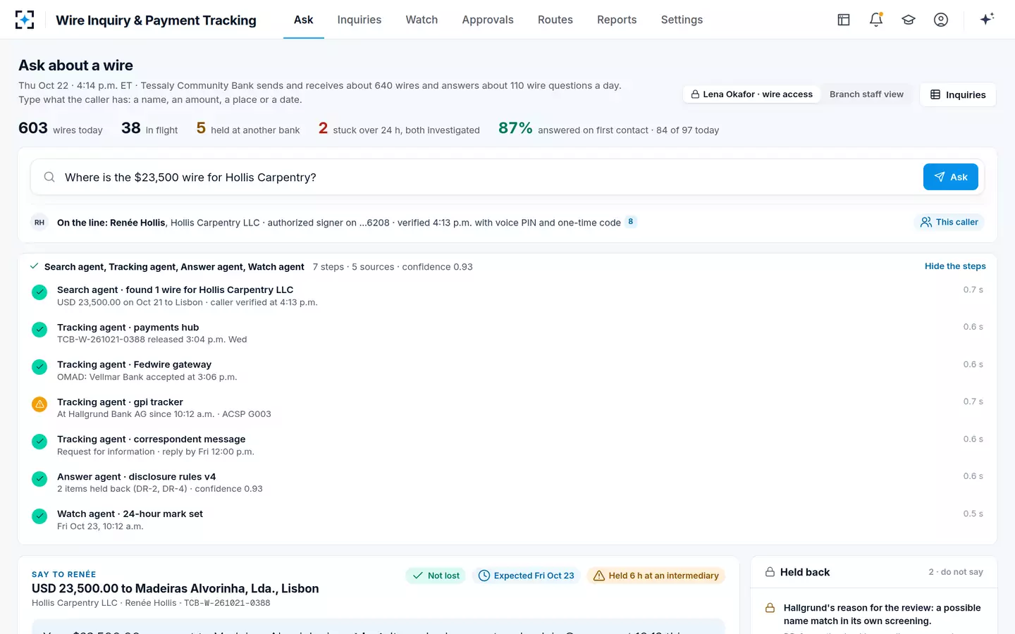 Wire Inquiry & Payment Tracking — Agents trace the wire step by step