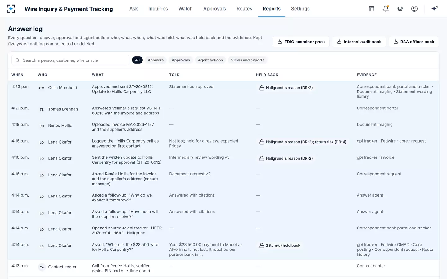Wire Inquiry & Payment Tracking — The answer log and the examiner packs
