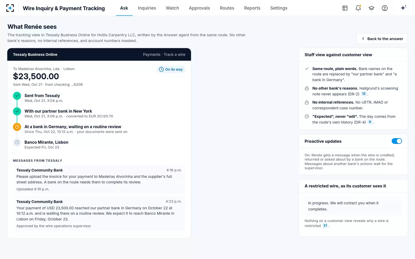 Wire Inquiry & Payment Tracking — Payment tracking for the business customer