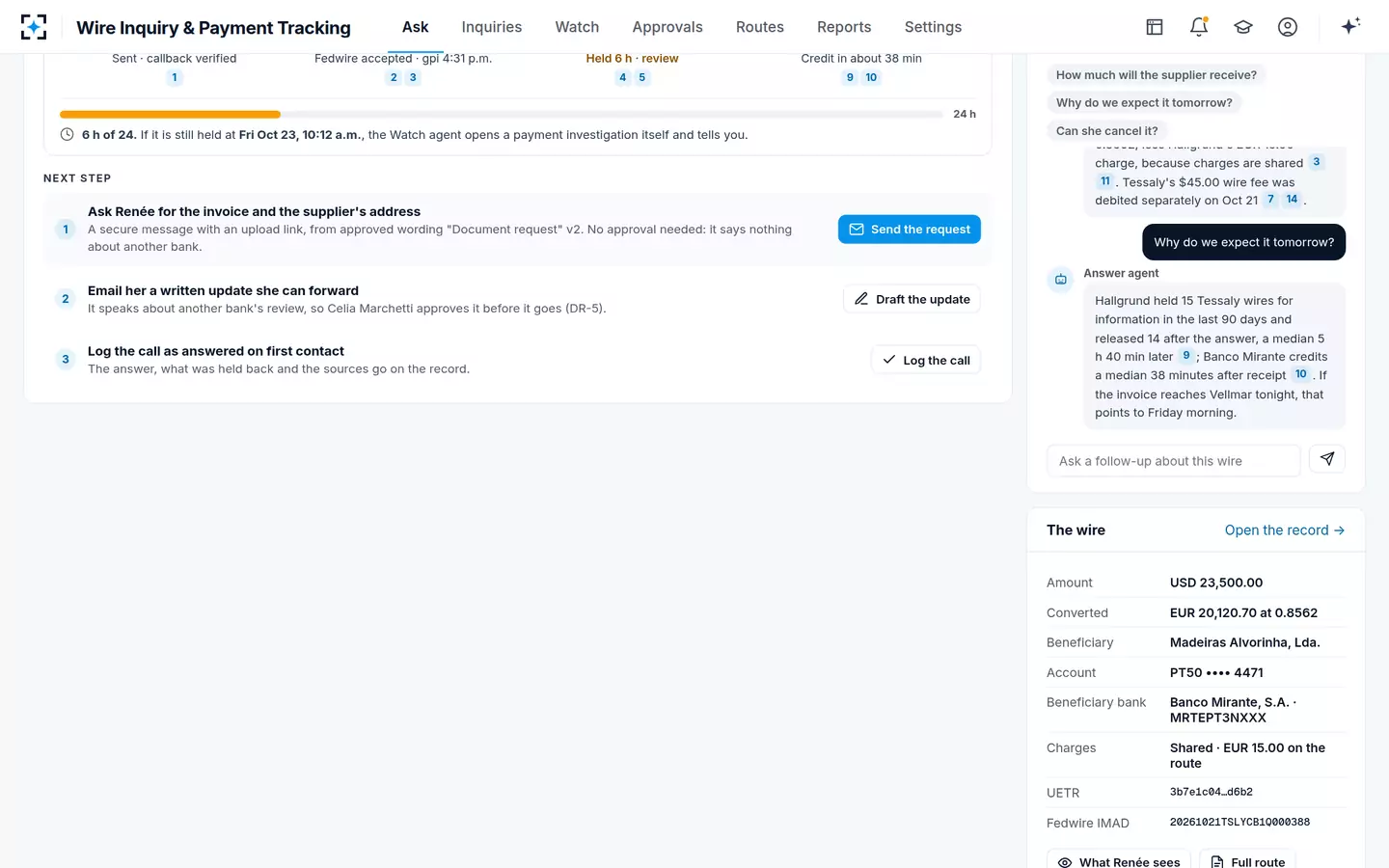 Wire Inquiry & Payment Tracking — Follow-up questions about fees and arrival, answered with citations