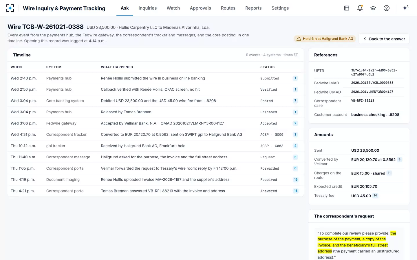 Wire Inquiry & Payment Tracking — The full wire record from every system