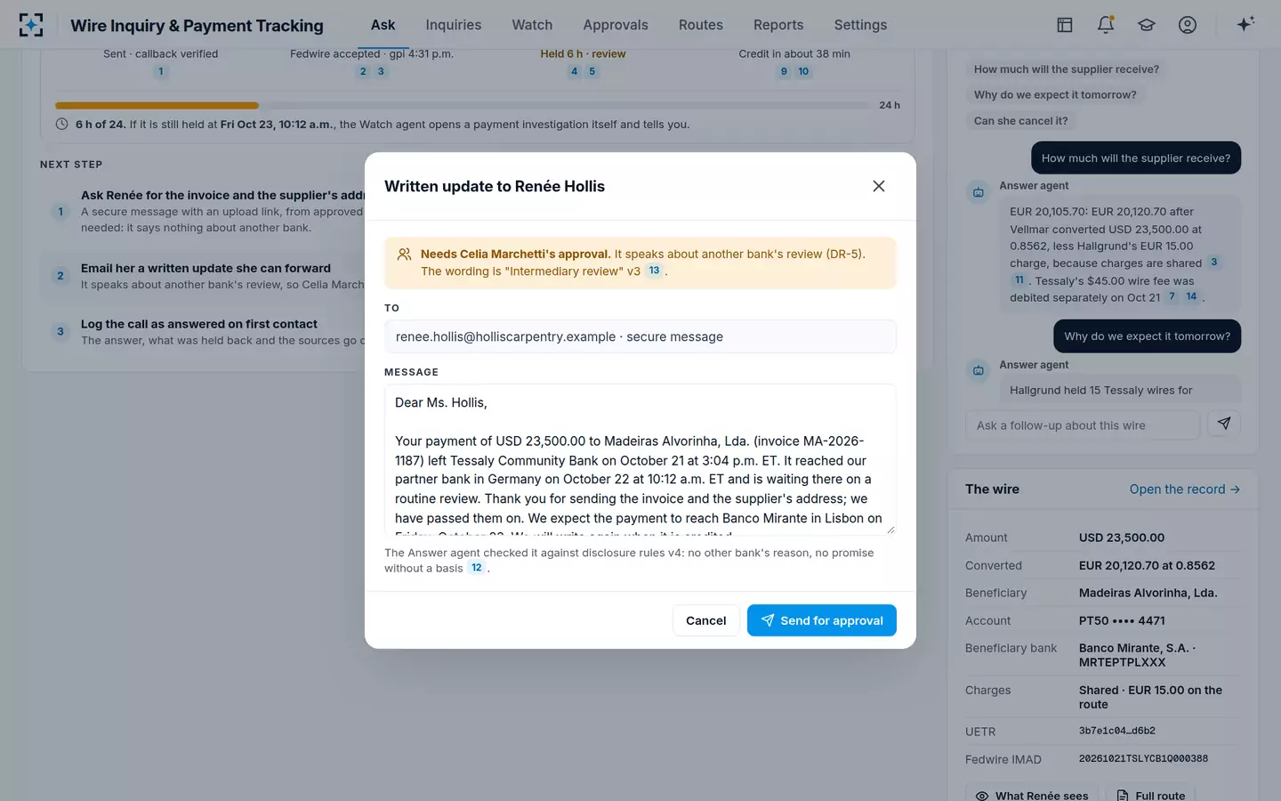 Wire Inquiry & Payment Tracking — A written wire transfer status update, checked before it goes