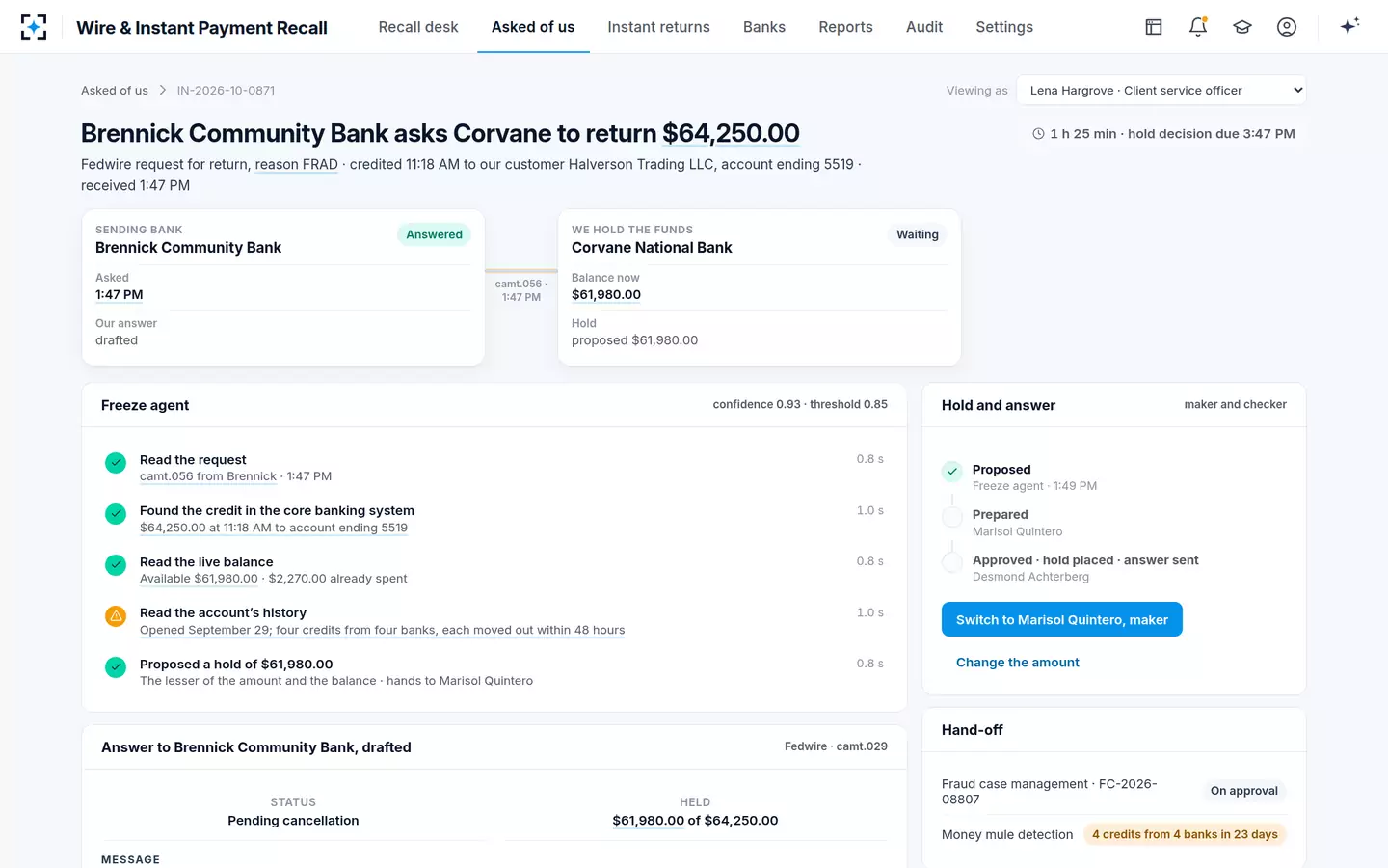 Wire & Instant Payment Recall — A recall request from another bank: the Freeze agent proposes the hold