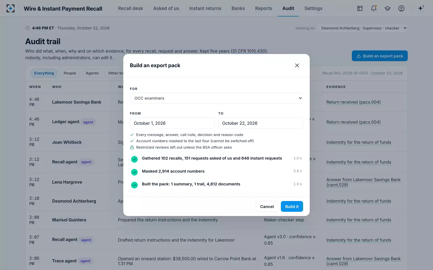 Wire & Instant Payment Recall — An audit trail of people, agents and banks, with a masked export pack