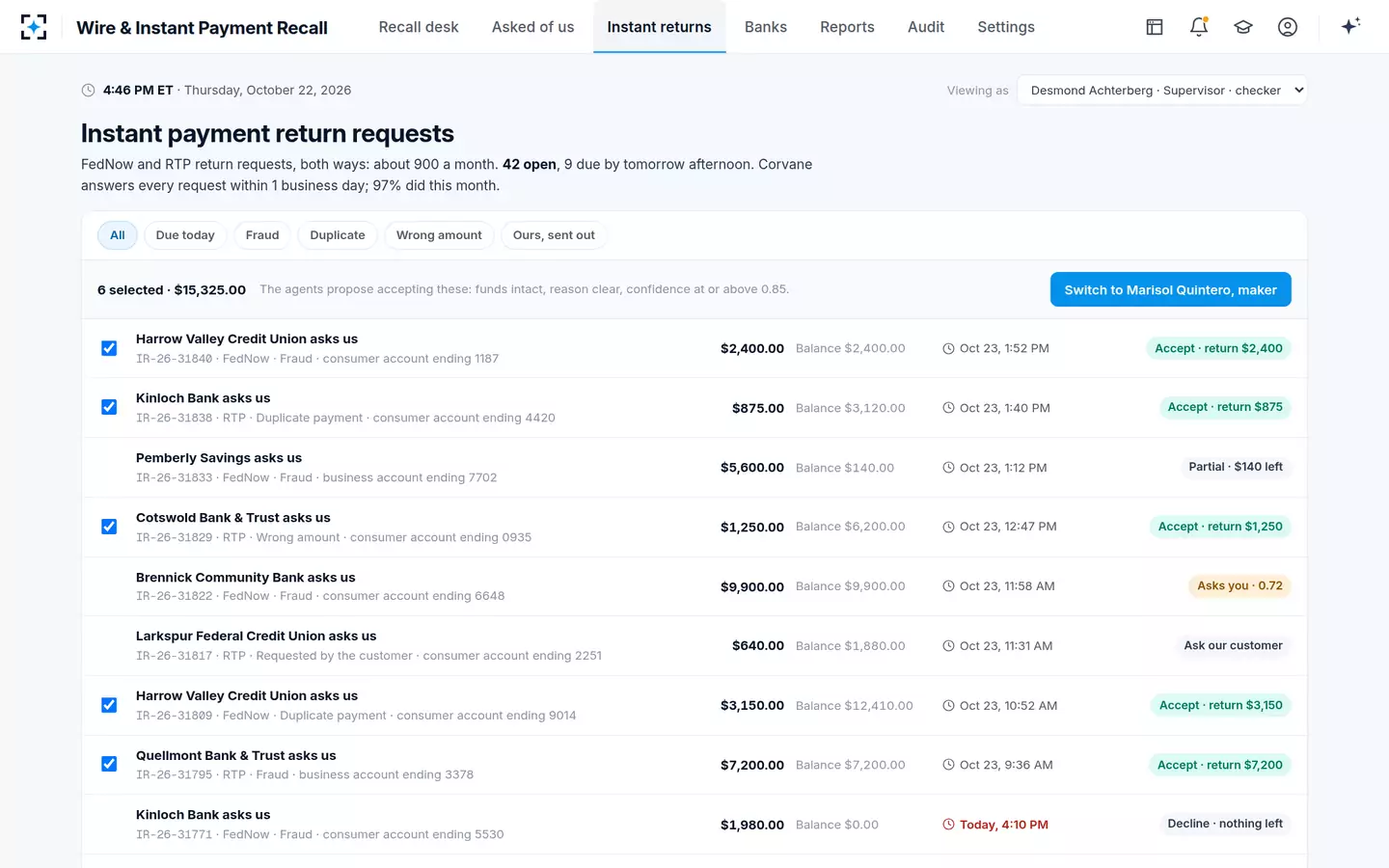 Wire & Instant Payment Recall — Instant payment recall requests, decided in bulk and approved as a batch